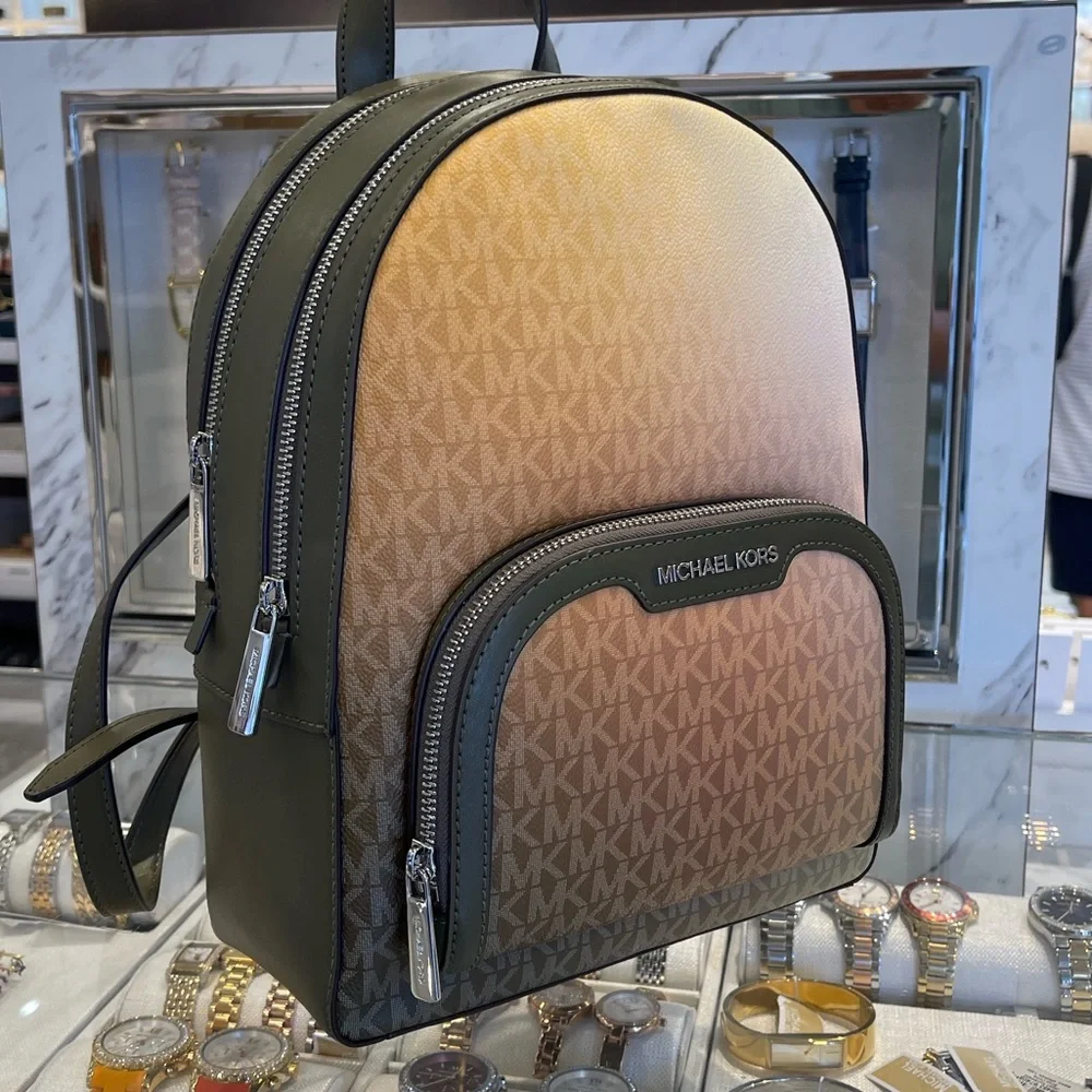 MICHAEL KORS Jaycee Medium Ombré Signature Logo Backpack Olive Combo  NWT